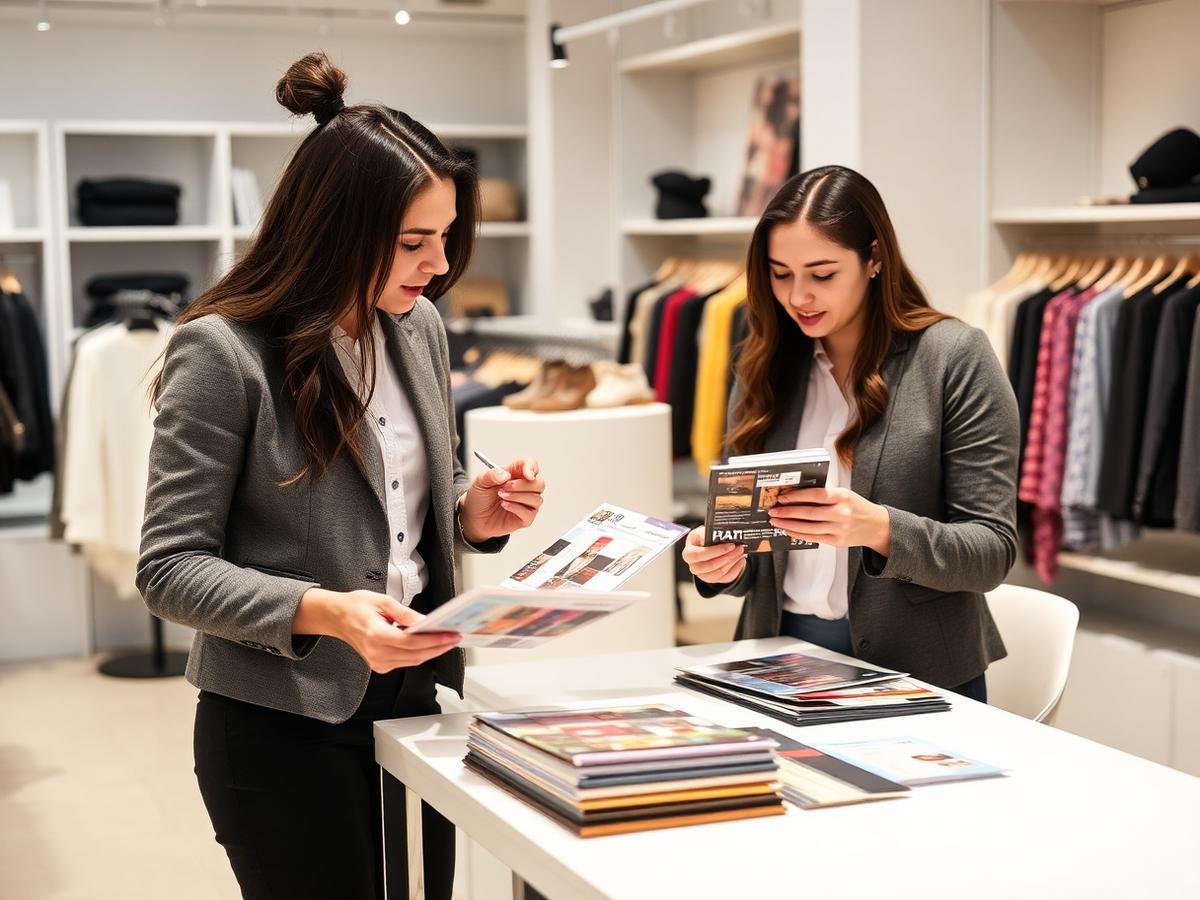 VSJ Garments merchandising team reviewing fabric swatches with a buyer